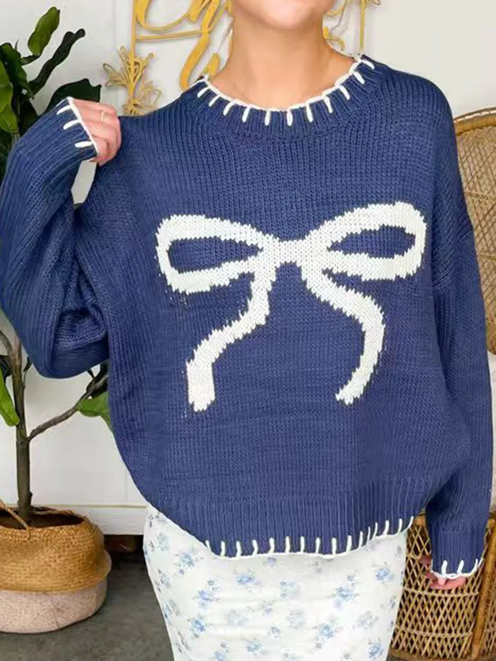 Bow Round Neck Long Sleeve Sweater - adritiX