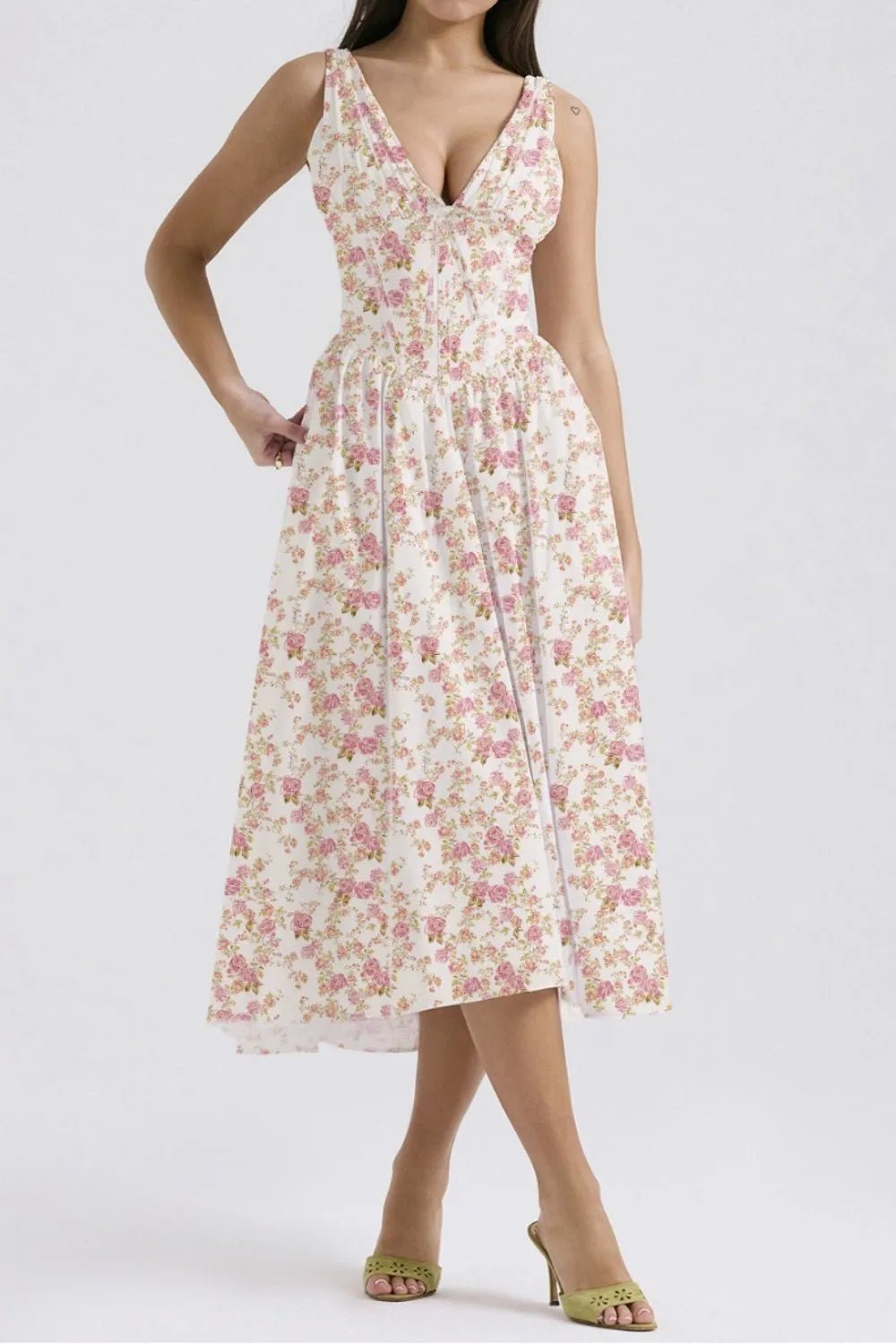 Floral V-Neck Sleeveless Midi Dress with Pockets - adritiX