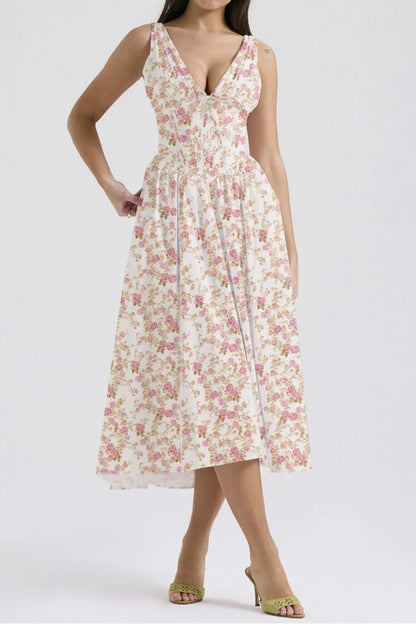 Floral V-Neck Sleeveless Midi Dress with Pockets - adritiX