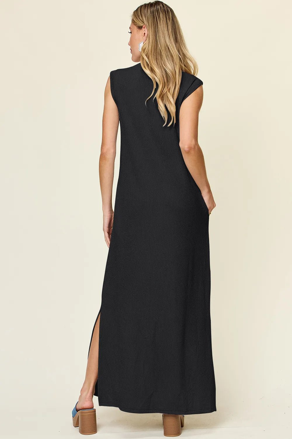 Double Take Full Size Texture Mock Neck Sleeveless Maxi Dress - adritiX