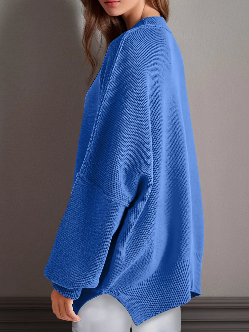 Double Take Side Slit Round Neck Long Sleeve Sweater - adritiX