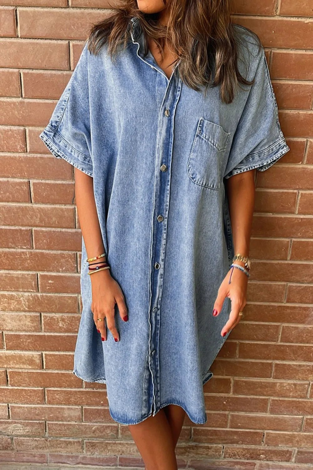 Oversized Button Down Denim Shirt Dress - adritiX