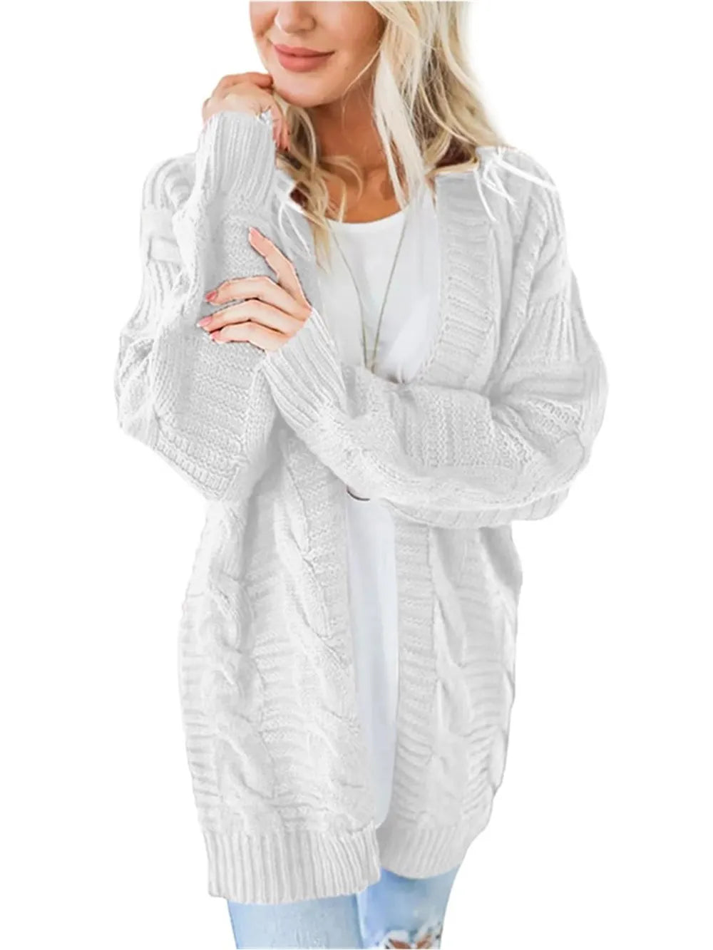 Cable-Knit Open Front Long Sleeve Cardigan - adritiX