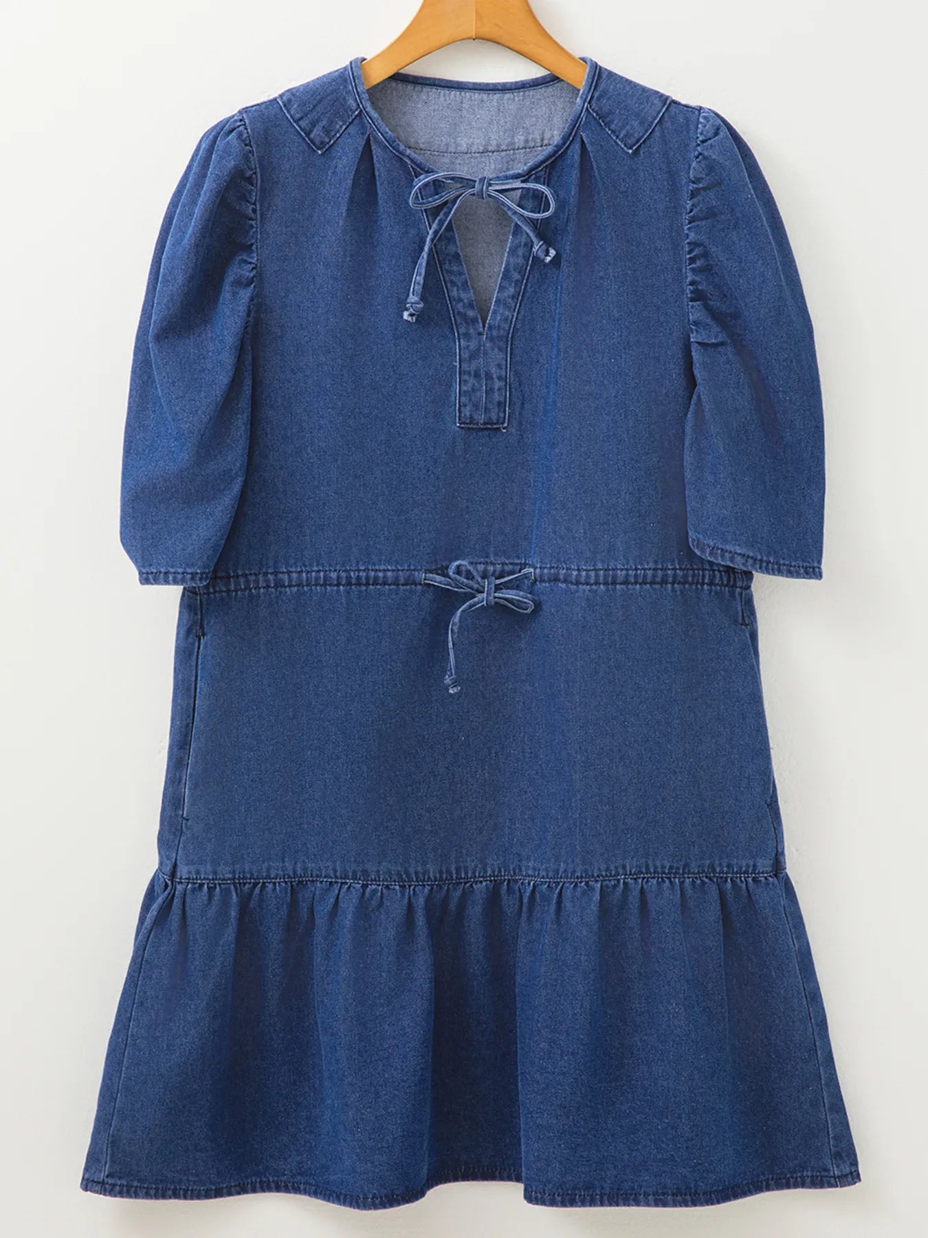 Drawstring High Waist Puff Sleeve Denim Mini Dress - adritiX