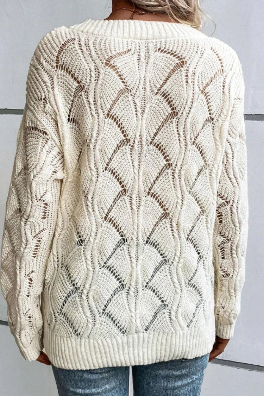Openwork V-Neck Long Sleeve Sweater - adritiX