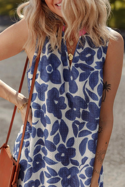 Floral Sleeveless Color Block Notched V Neck Mini Dress - adritiX