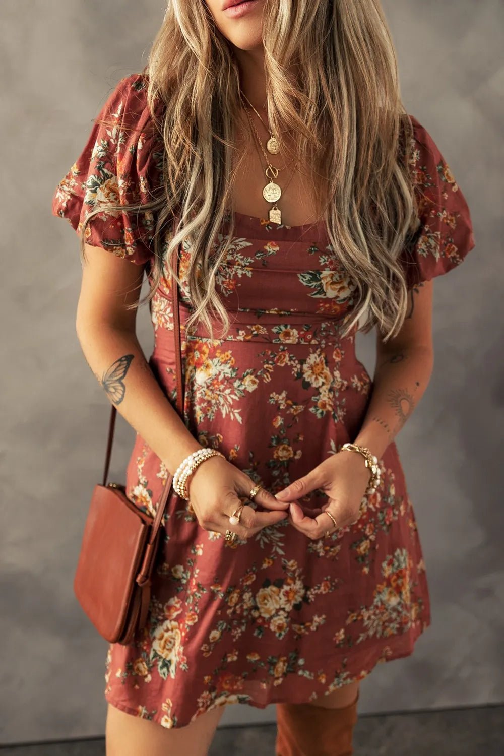 Floral Puff Sleeve Square Neck Knot Open Back Mini Dress - adritiX
