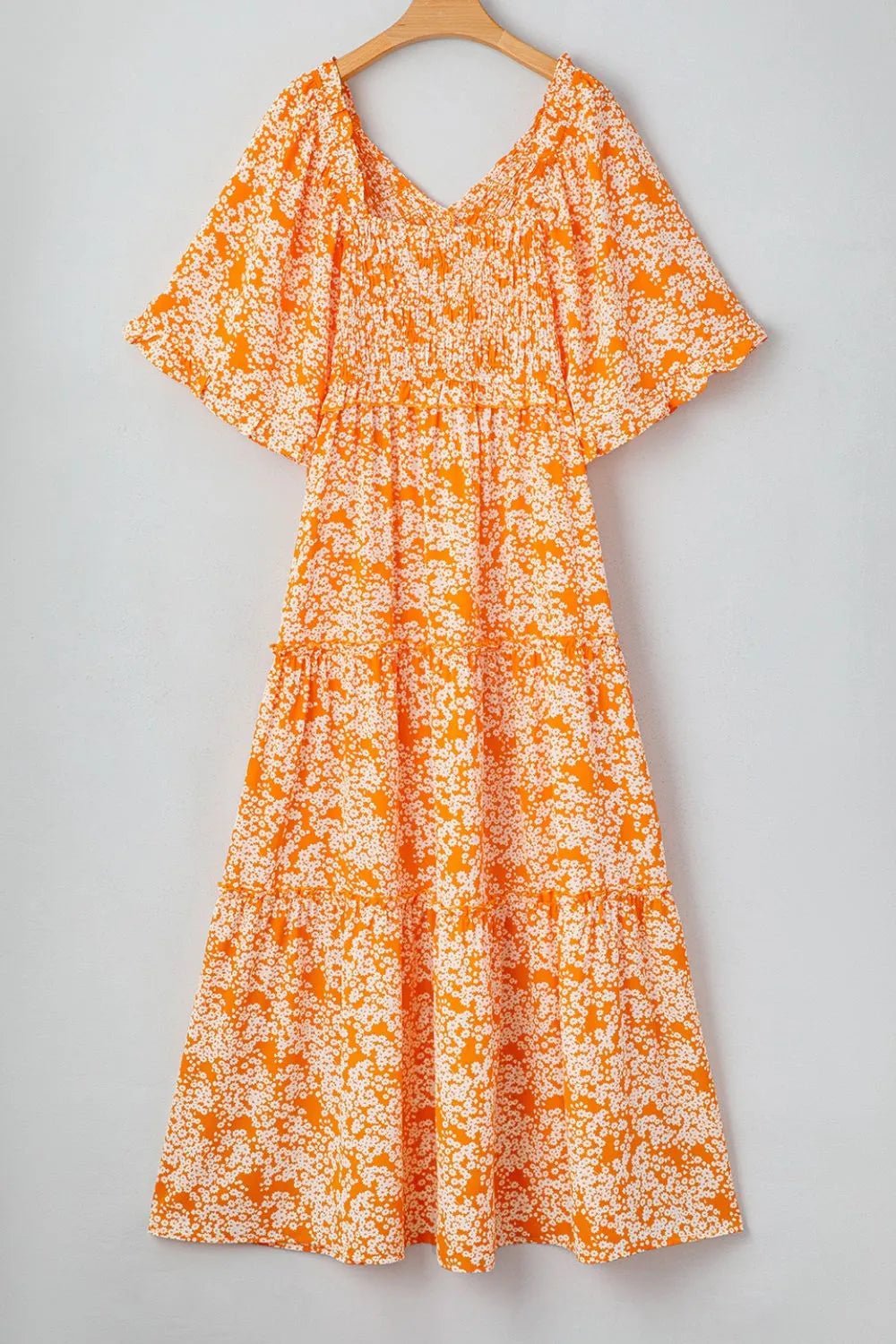 Floral Print Smocked V Neck Wide Sleeve Maxi Dress - adritiX