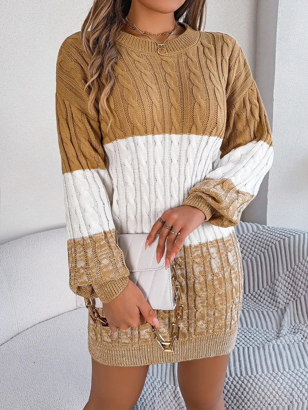 Cable-Knit Round Neck Color Block Sweater Dress - adritiX