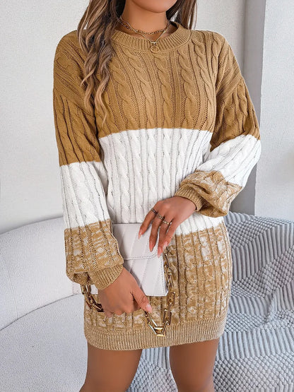 Cable-Knit Round Neck Color Block Sweater Dress - adritiX