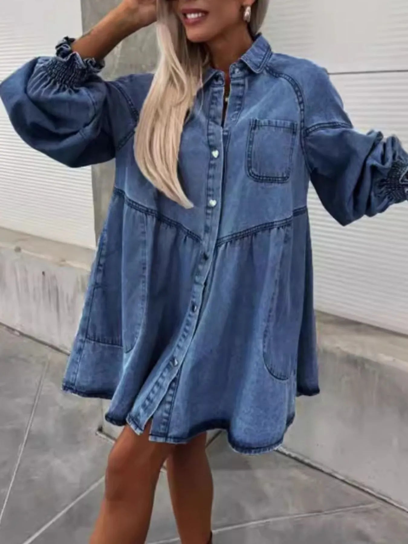 Oversized Long Sleeve Button-Up Denim Dress - adritiX