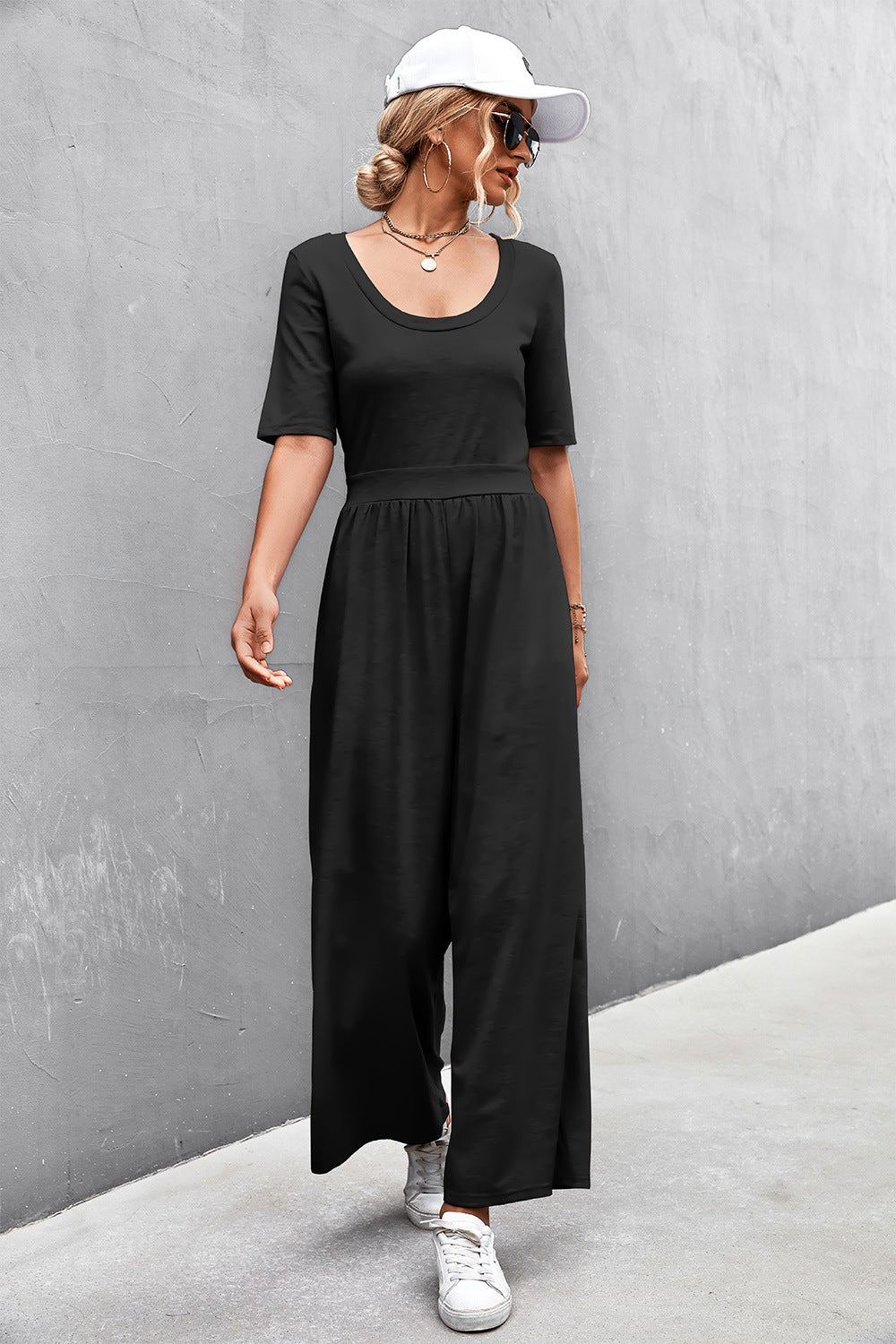 Elegant Scoop Neck Half Sleeve Wide Leg Jumpsuit - adritiX