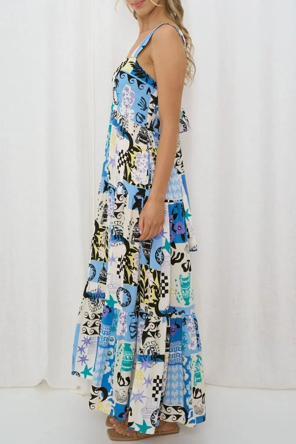 Printed Square Neck Wide Strap Maxi Dress - adritiX