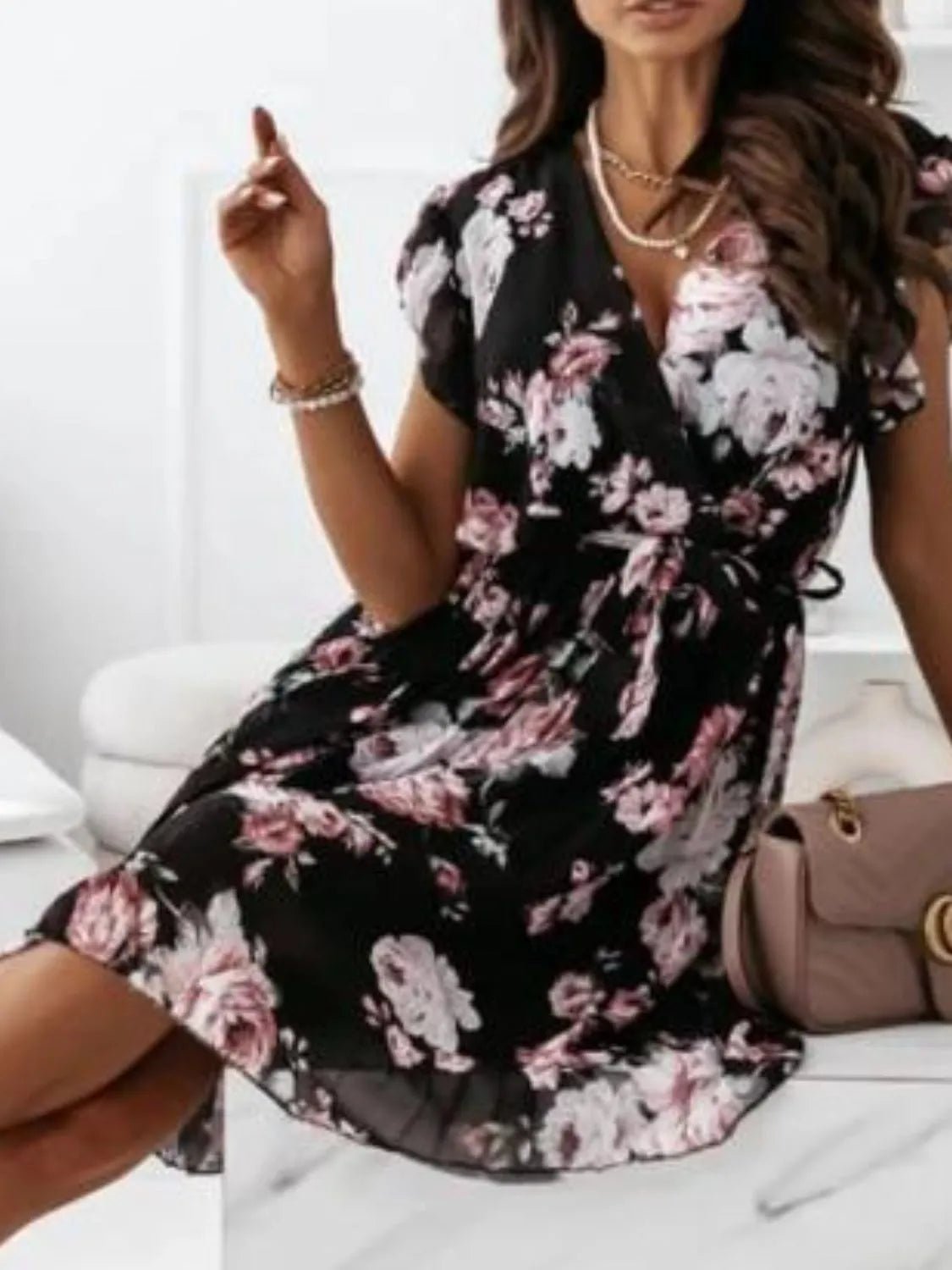 Floral Surplice Ruffled Cap Sleeve Dress - adritiX