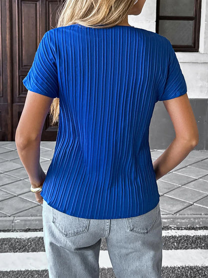 Elegant Textured Notched Short Sleeve Blouse - adritiX