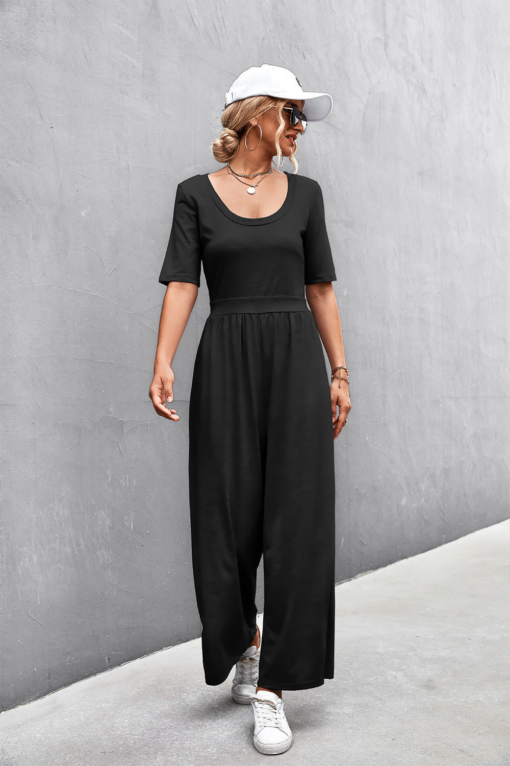 Elegant Scoop Neck Half Sleeve Wide Leg Jumpsuit - adritiX