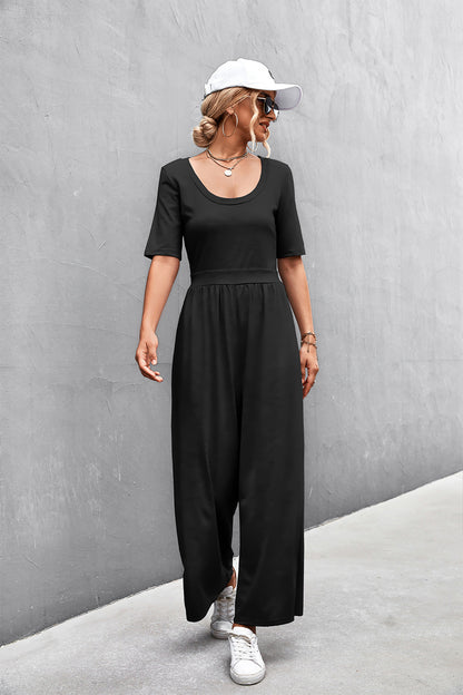 Elegant Scoop Neck Half Sleeve Wide Leg Jumpsuit - adritiX