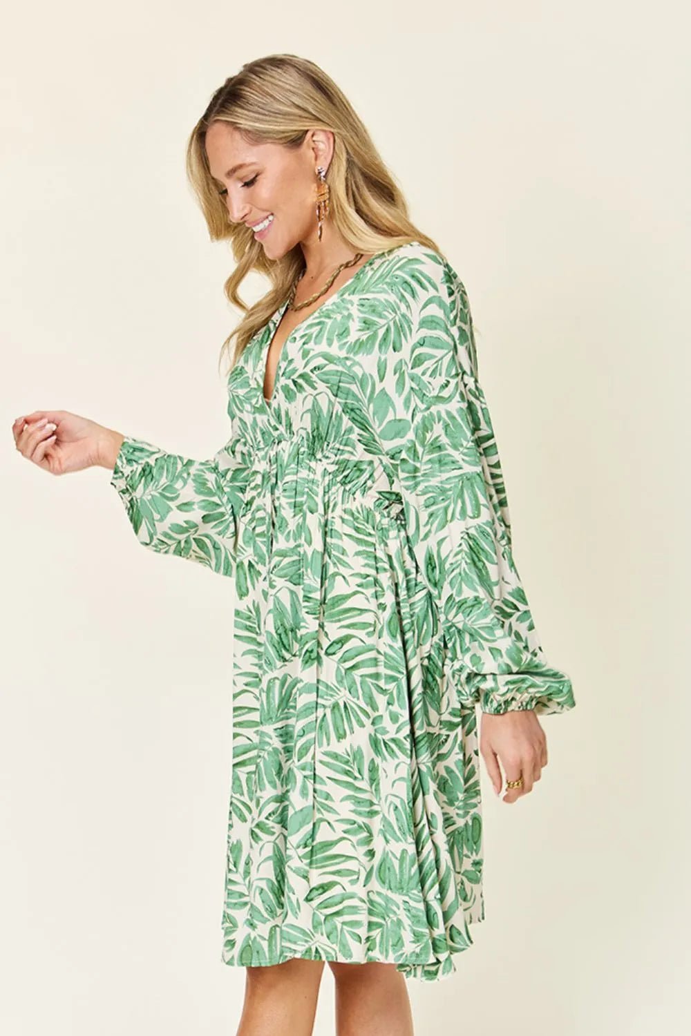 Double Take Full Size Printed Ruched Balloon Sleeve Dress - adritiX
