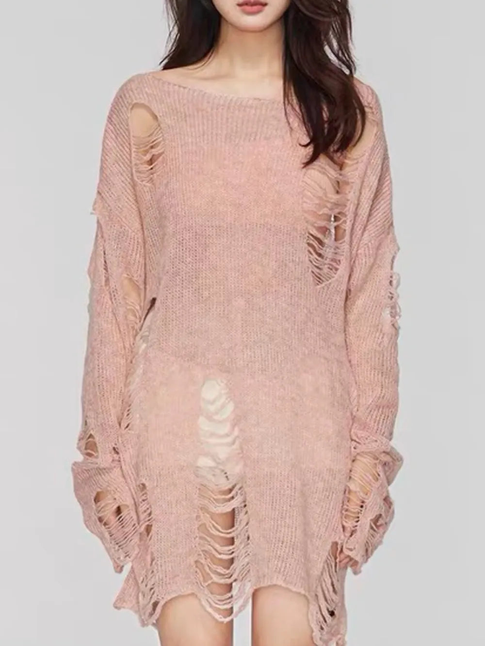 Distressed Boat Neck Knit Cover Up - adritiX