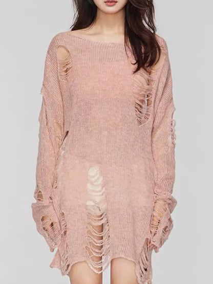 Distressed Boat Neck Knit Cover Up - adritiX