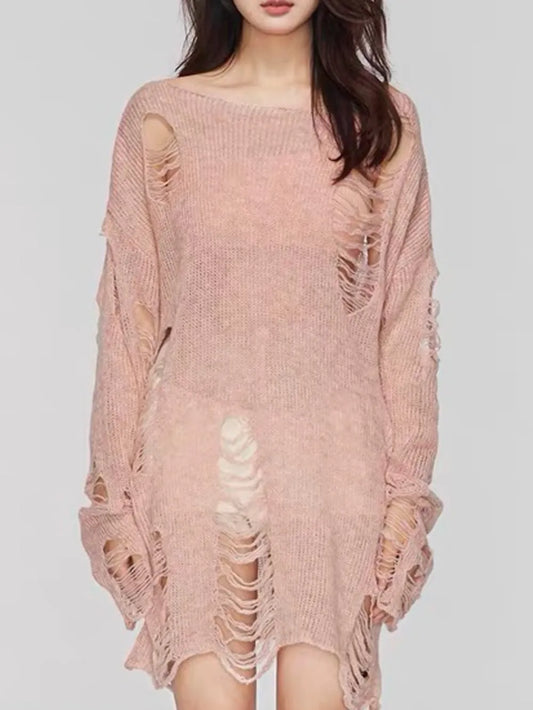 Distressed Boat Neck Knit Cover Up - adritiX