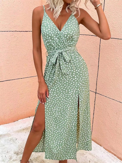 Slit Printed Surplice Midi Dress - adritiX