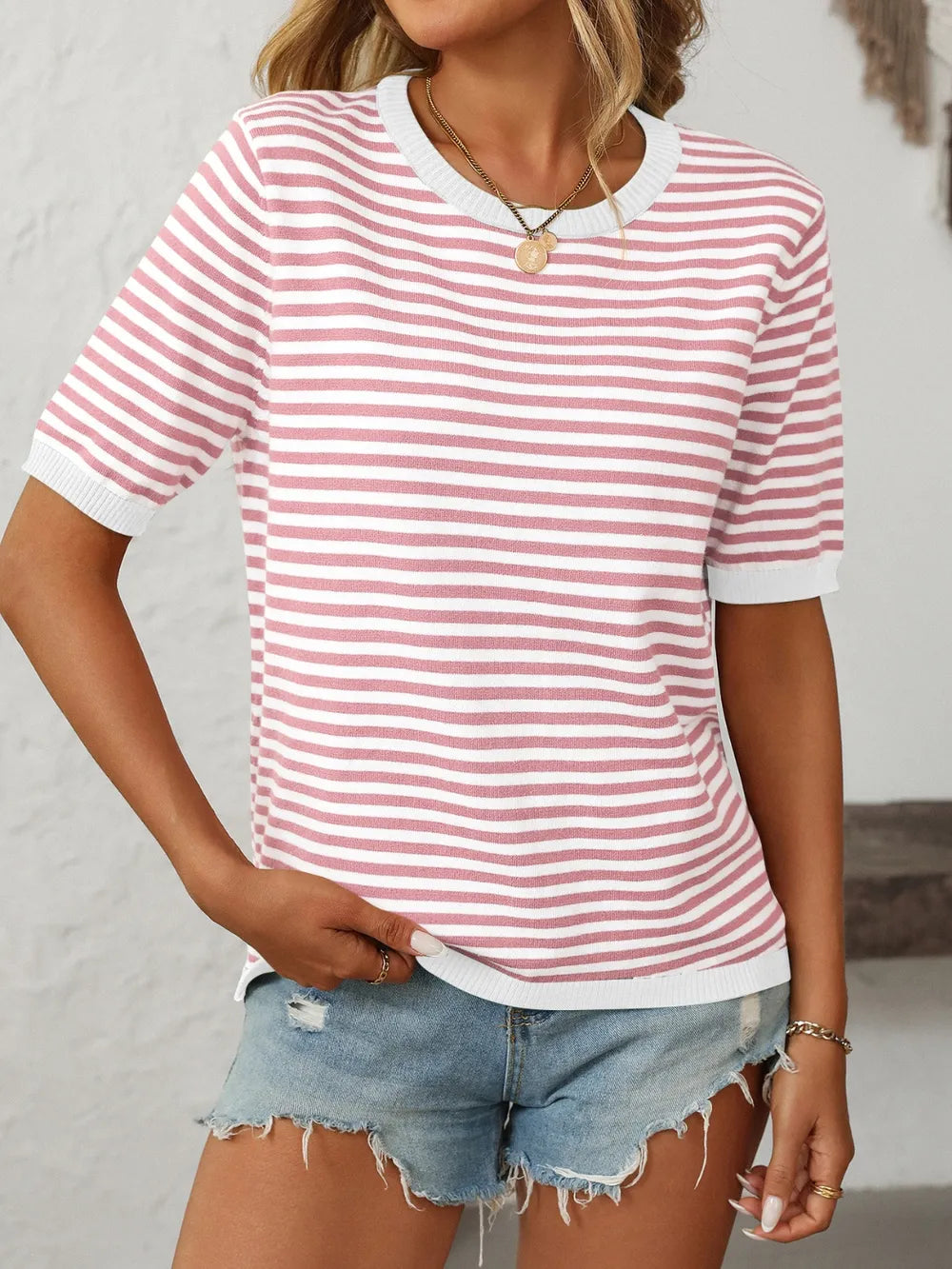 Mandy Striped Round Neck Half Sleeve Knit Top - adritiX