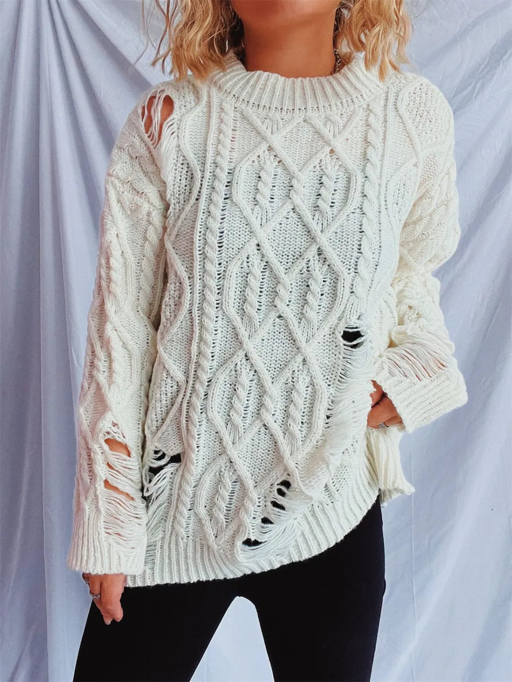 Distressed Cable-Knit Round Neck Long Sleeve Sweater - adritiX