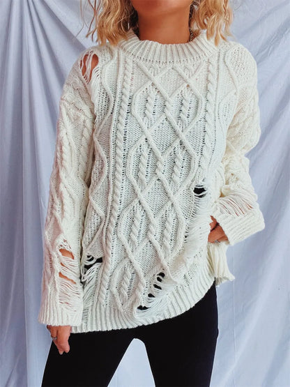 Distressed Cable-Knit Round Neck Long Sleeve Sweater - adritiX