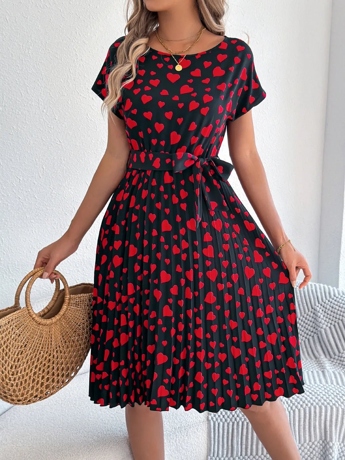 Heart Print Short Sleeve Tie Waist Dress - adritiX