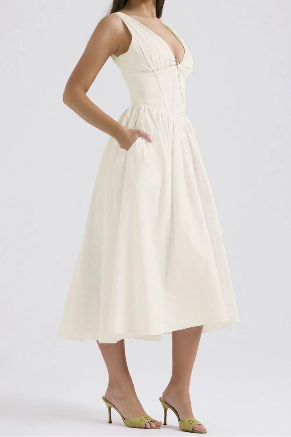Chic & Sleek Ruched V-Neck Dress with Pockets – Effortless Style for Every Occasion - adritiX