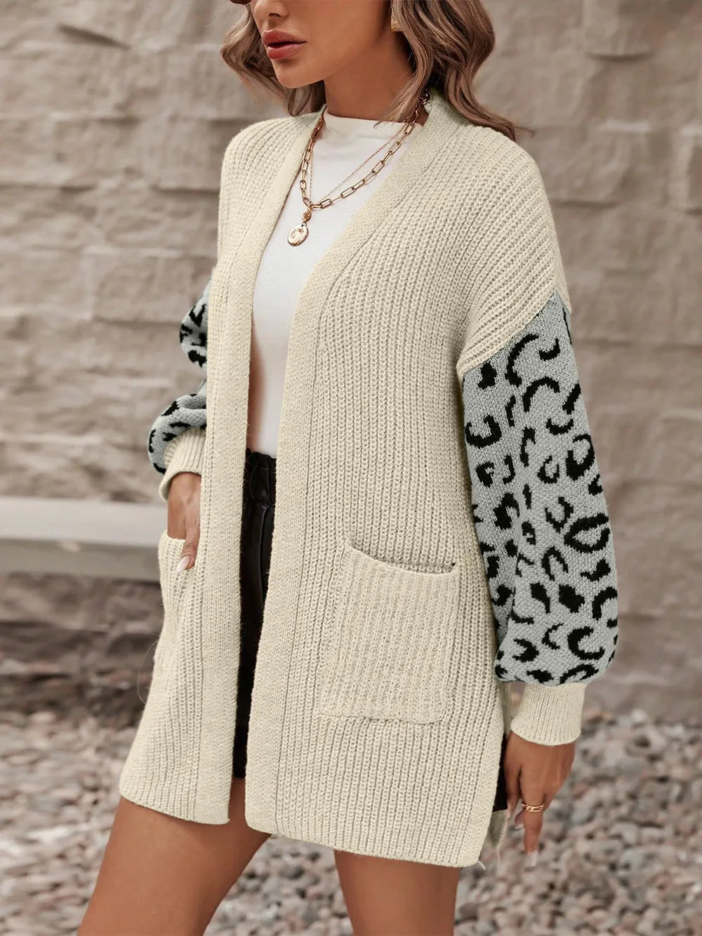 Pocketed Leopard Open Front Cardigan - adritiX