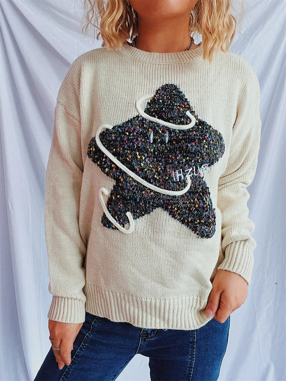 Contrast Star Round Neck Long Sleeve Sweater - adritiX