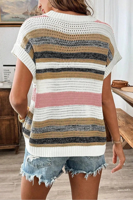 Stripe Color Block Eyelet Knit Short Sleeve Knit Top - adritiX