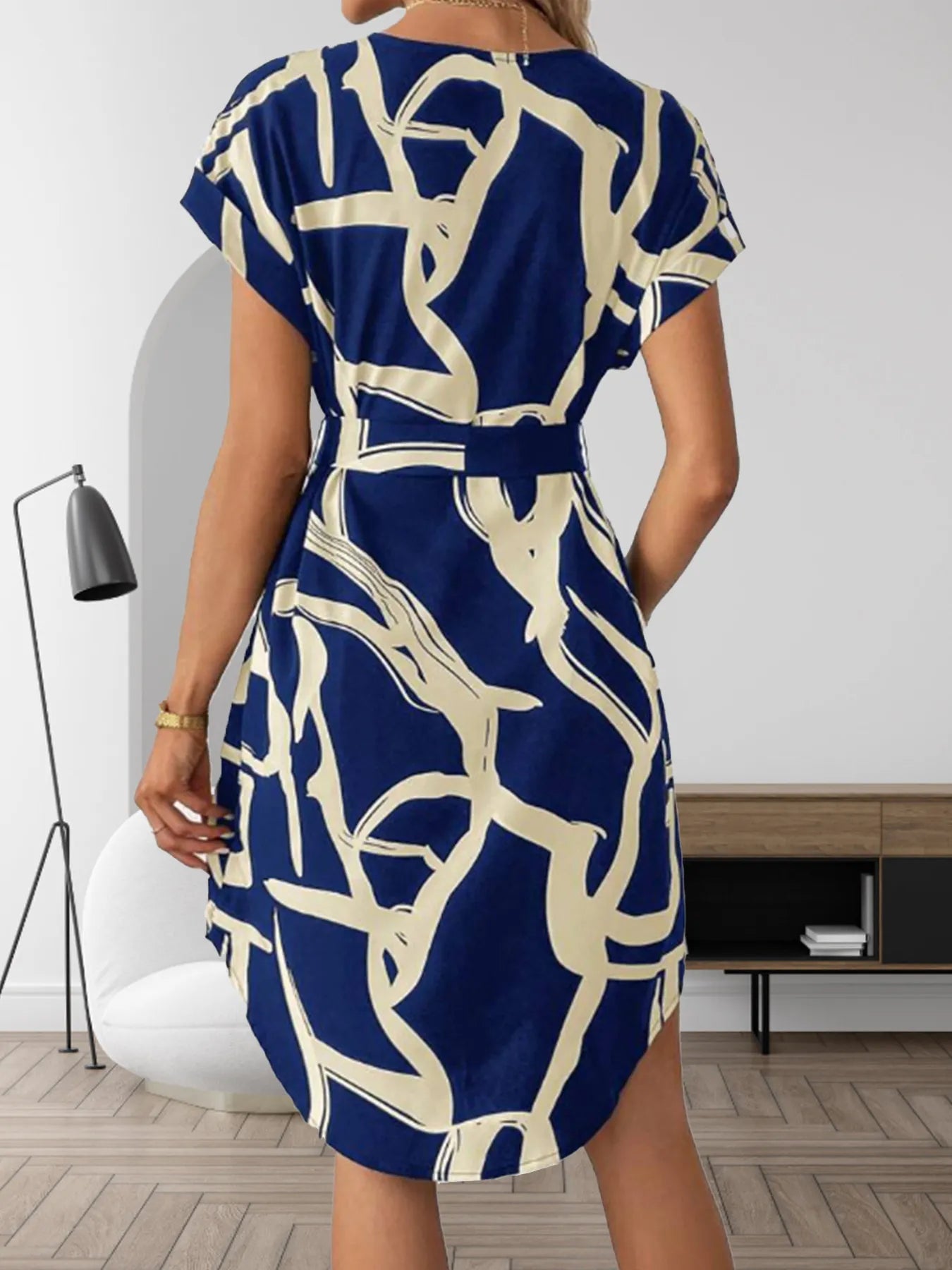 Abstract Print Belted Short Sleeve Midi Dress - adritiX