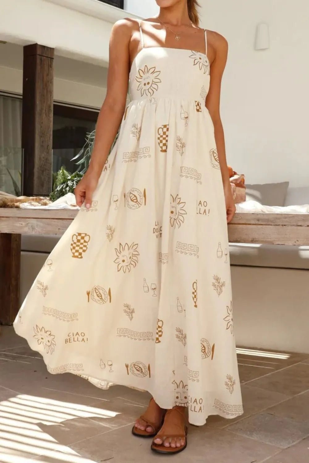 Cutout Back Printed Square Neck Maxi Cami Dress - adritiX
