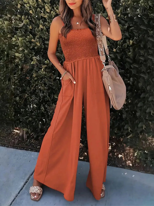Elegant Smocked Wide Leg Jumpsuit - adritiX