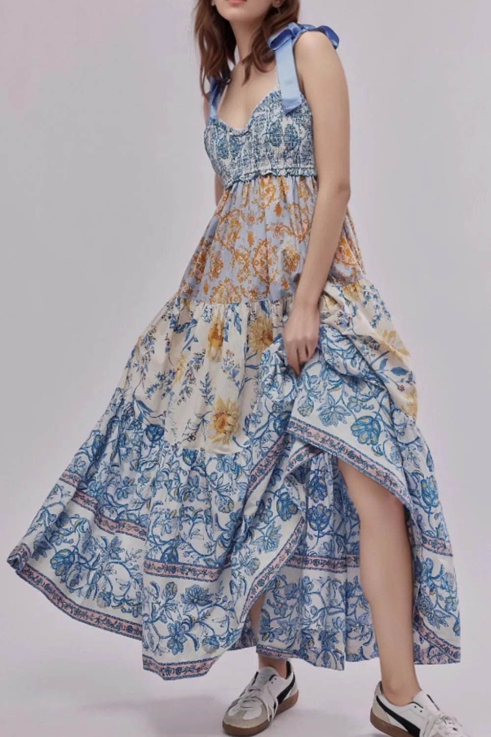Floral Tiered Maxi Dress with Mixed Print Design - adritiX