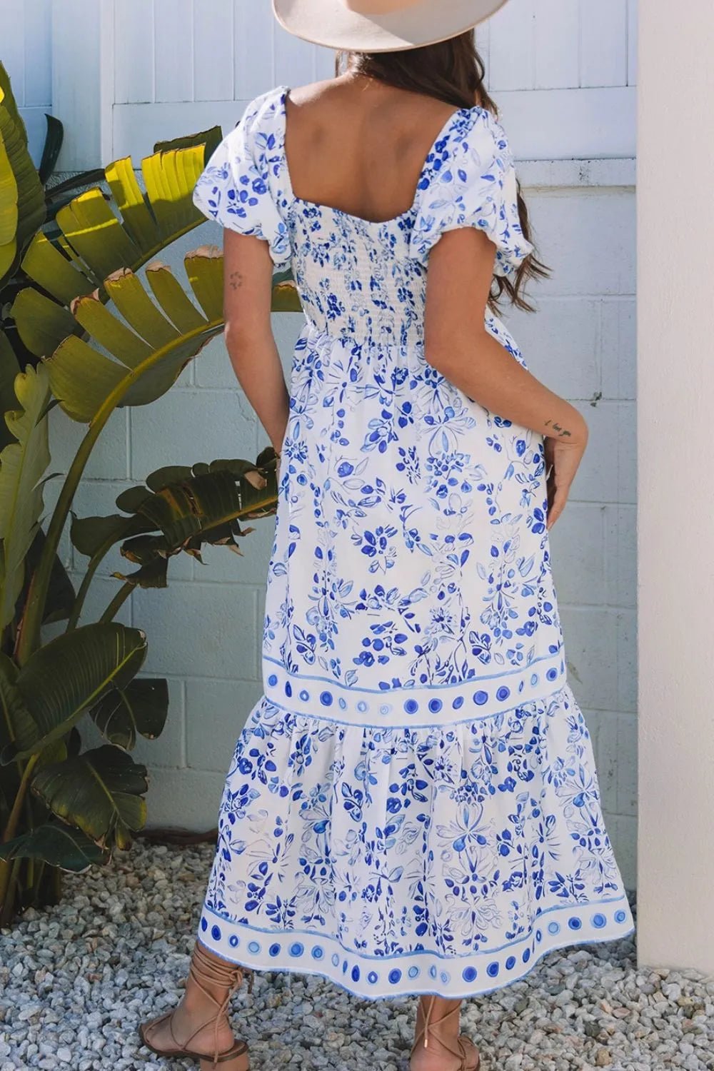 Smocked Printed Square Neck Puff Sleeve Dress - adritiX