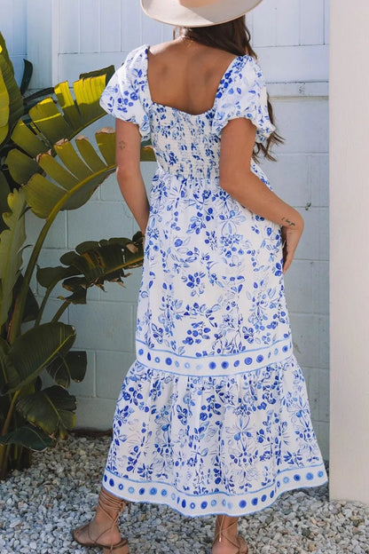 Smocked Printed Square Neck Puff Sleeve Dress - adritiX