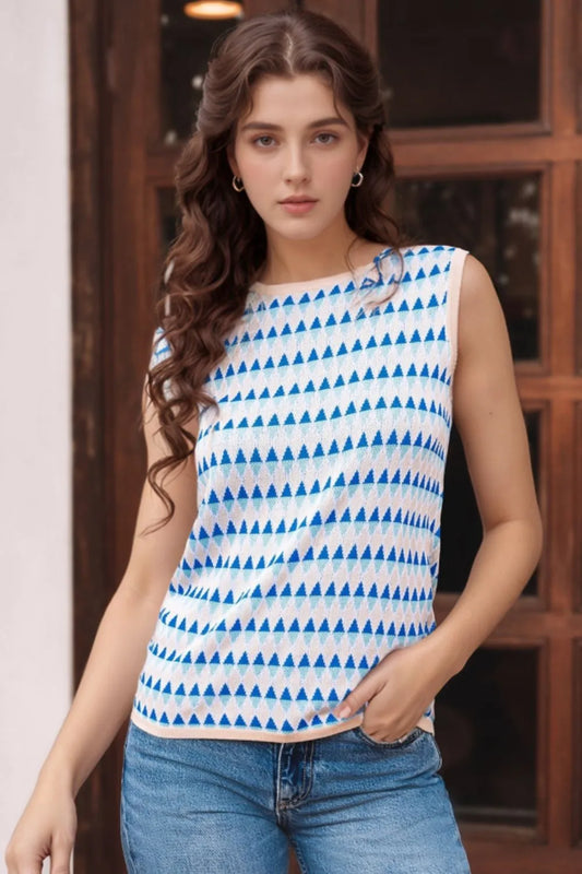 Stripe Geometric Print Round Neck Slim Fit Sweater Vest - adritiX