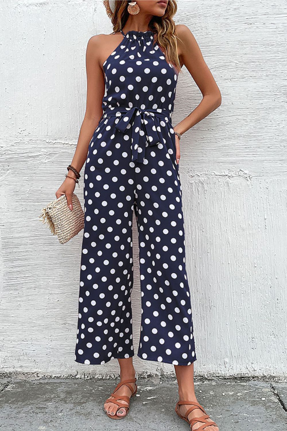 Elegant Perfee Polka Dot Grecian Wide Leg Jumpsuit - adritiX