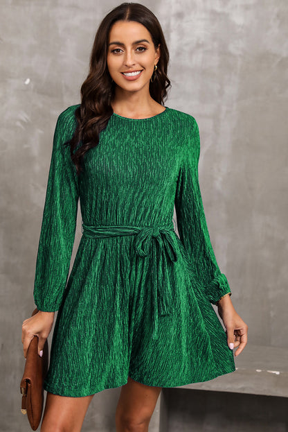 Elegant Round Neck Tie Front Long Sleeve Dress - adritiX