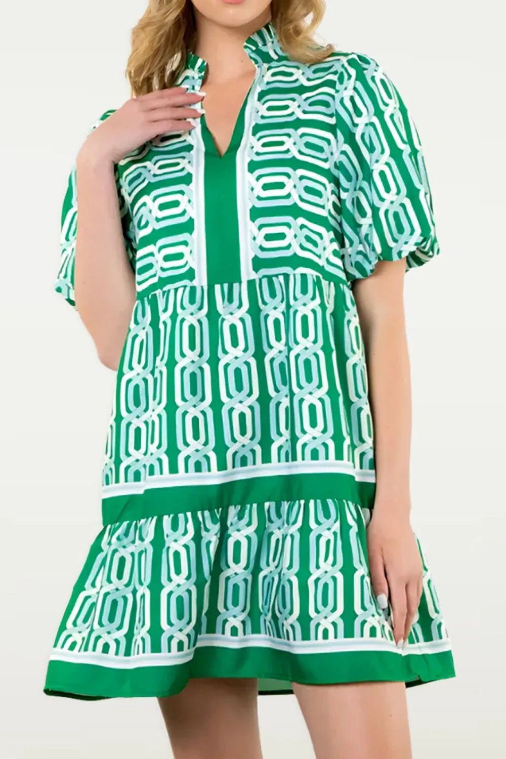 Abstract Patterned V Neck Puff Short Sleeve Mini Dress - adritiX