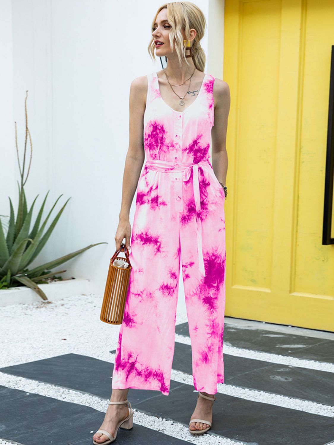 Elegant Ivy Lane Tie-Dye Tie Waist Sleeveless Jumpsuit - adritiX
