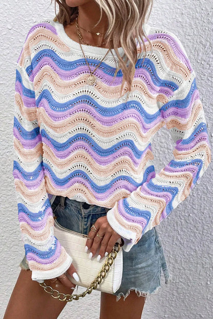 Contrast Wave Stripe Long Sleeve Sweater - adritiX