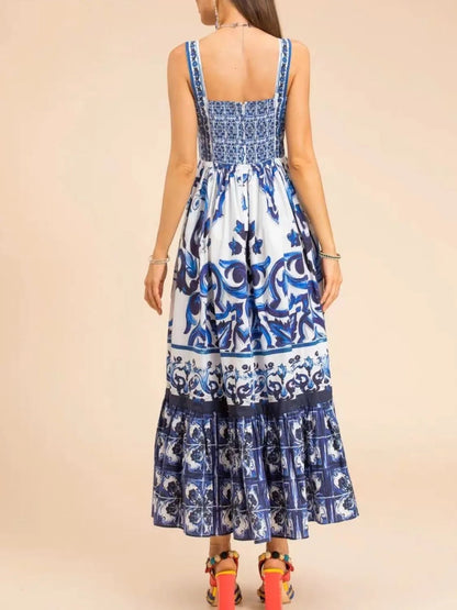 Smocked Printed Wide Strap Dress - adritiX
