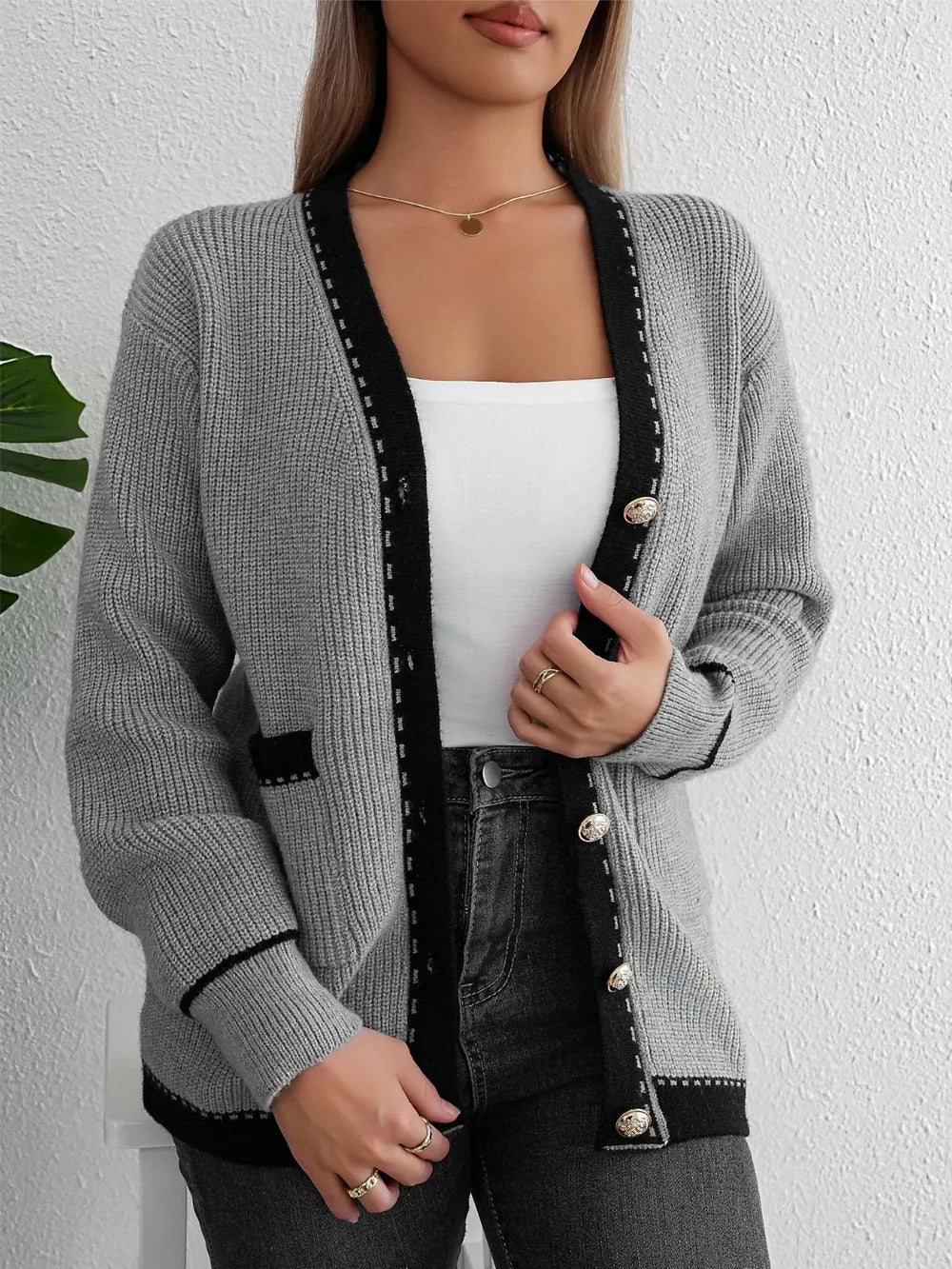 Contrast Trim Button Up Long Sleeve Cardigan - adritiX