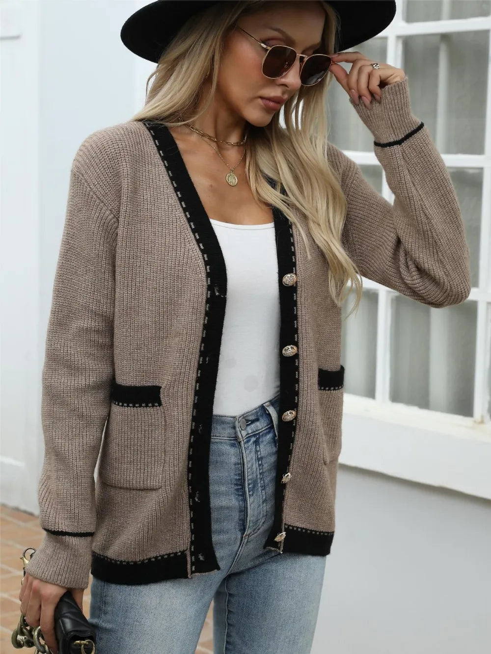 Contrast Trim Button Up Long Sleeve Cardigan - adritiX