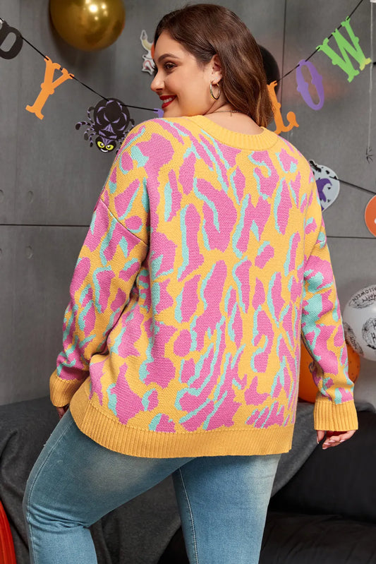 Plus Size Contrast Round Neck Long Sleeve Sweater - adritiX
